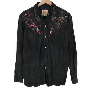 BILLY MARTINS NYC Suede Embroidered Floral Western Snap Shirt Women's Sz 6 Black